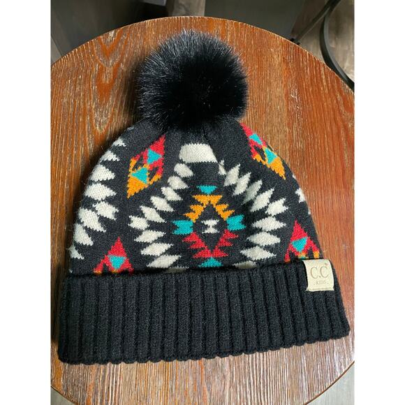 C.C kids Hat winter cap black pom pom Aztec design multi color faux fur - Picture 1 of 5